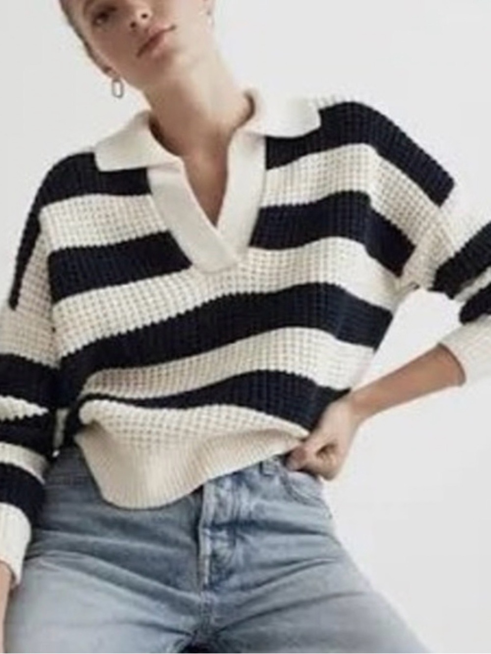 Madewell Striped Navy and White Collar Sweater